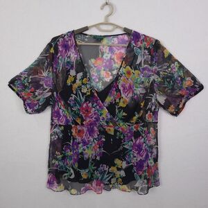 Lauren Ralph Lauren Top Blouse Size 3X Short Sleeve 2 In 1 Silk Floral Whimsical